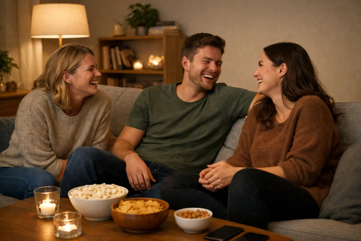 Tre glada vänner som skrattar tillsammans i soffan en filmkväll