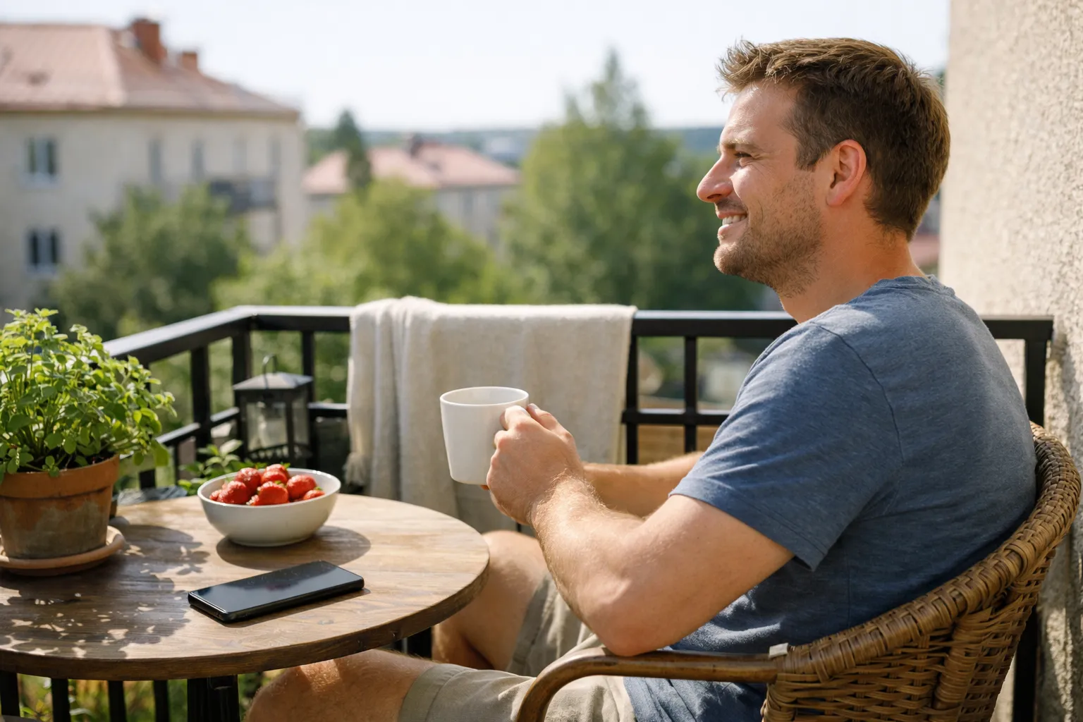 Glad man med kaffe på en solig balkong en lördagsmorgon