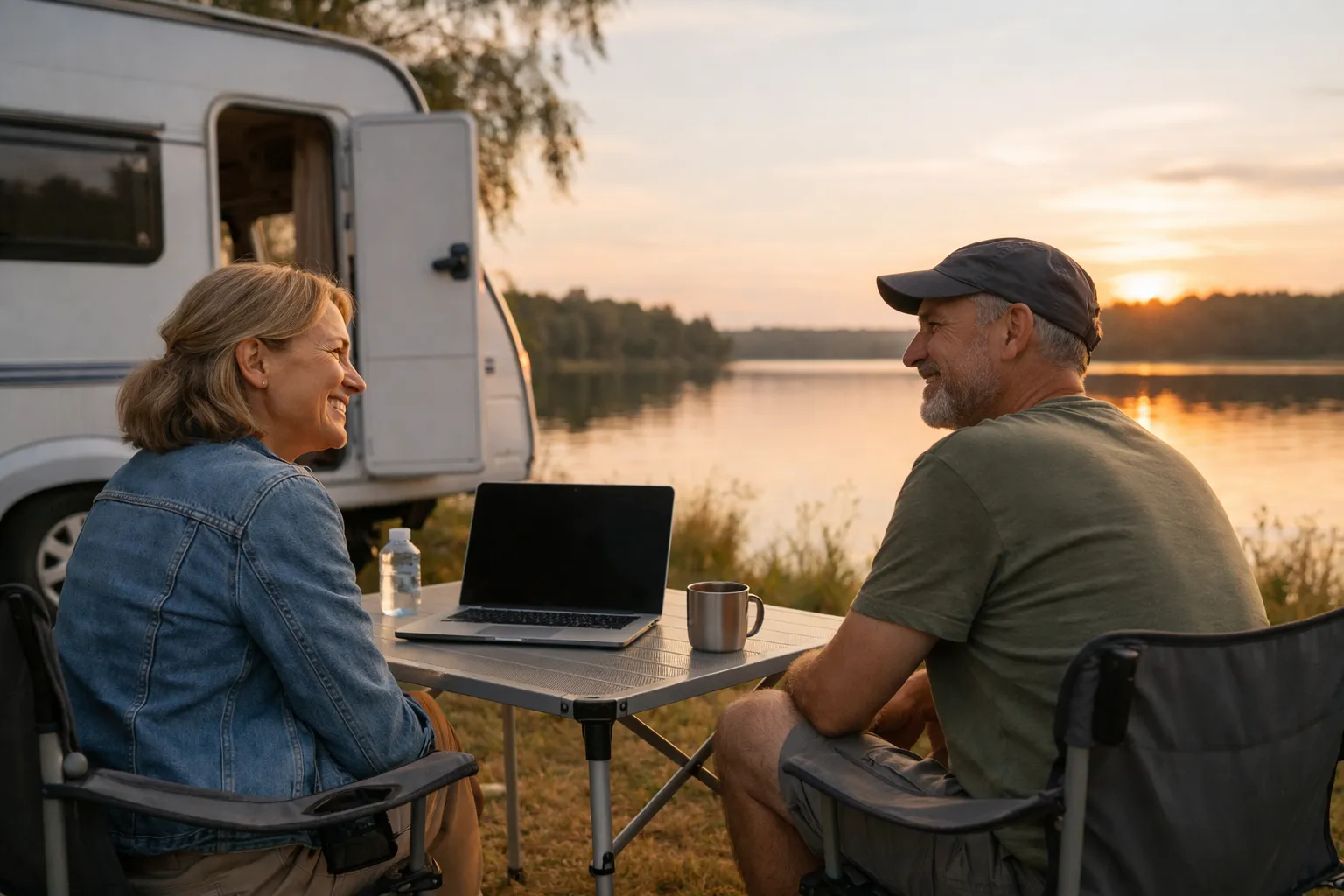 Två glada personer vid en husvagn vid en sjö en sommarkväll med laptop på campingbordet