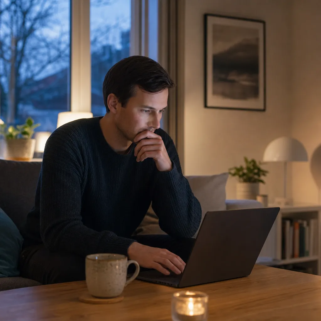 Person jämför mobilabonnemang-priser på en laptop i ett vintermörkt vardagsrum