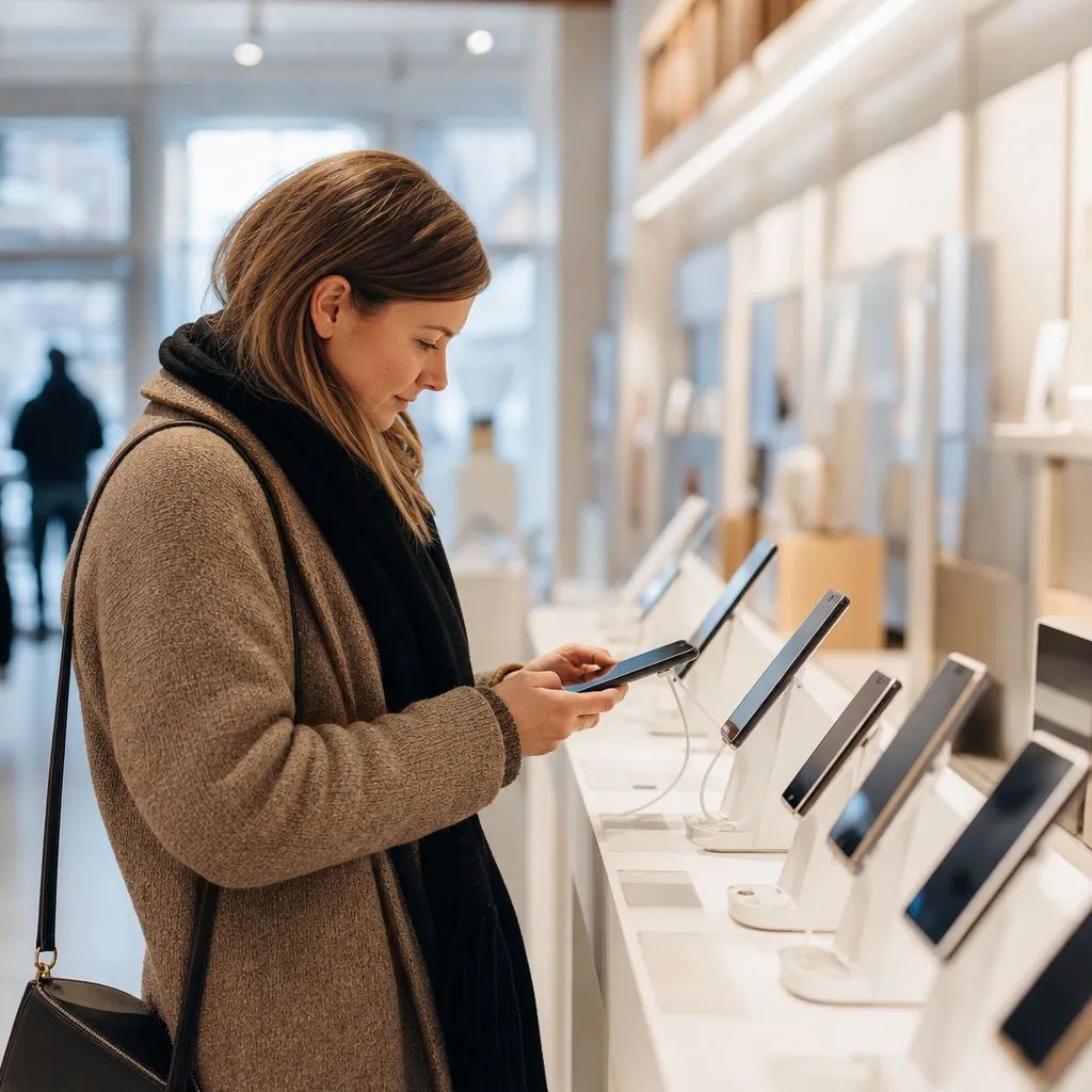Person väljer ny mobil med abonnemang i en butik