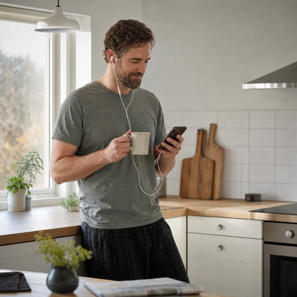Person vid köksbänken lyssnar på musik och scrollar sociala medier i mobilen på morgonen