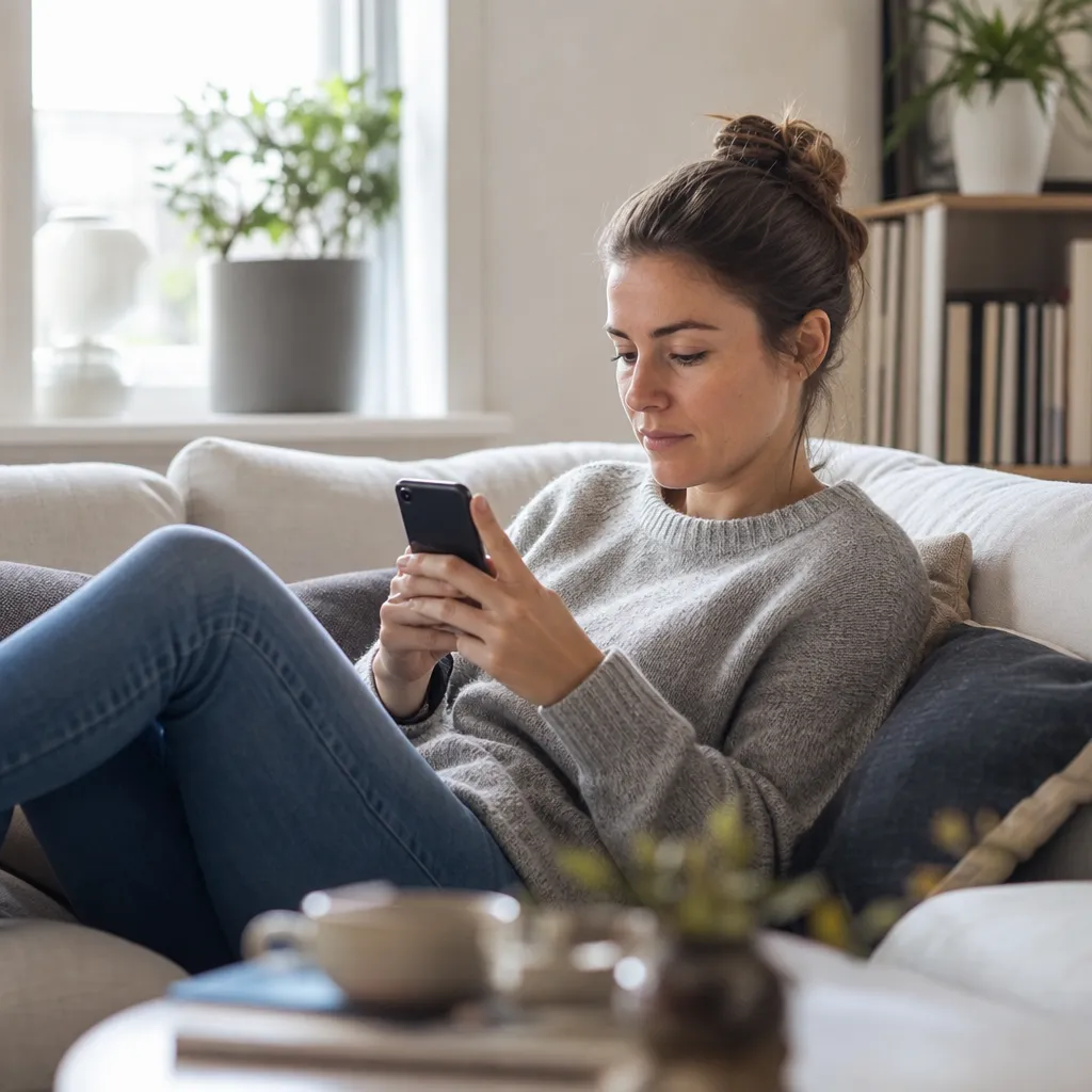Person surfar på mobilen i soffan med sociala medier och video, tydande på ett mobilabonnemang med runt 20 GB surf
