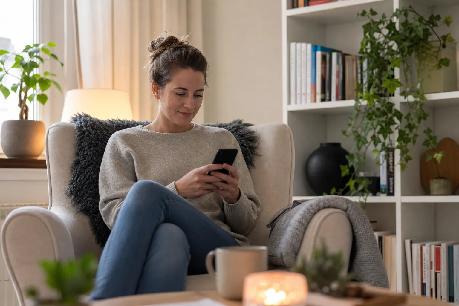 Person tittar på video i mobilen i fåtöljen hemma en vardagskväll, lagom för ett mobilabonnemang med runt 20 GB surf