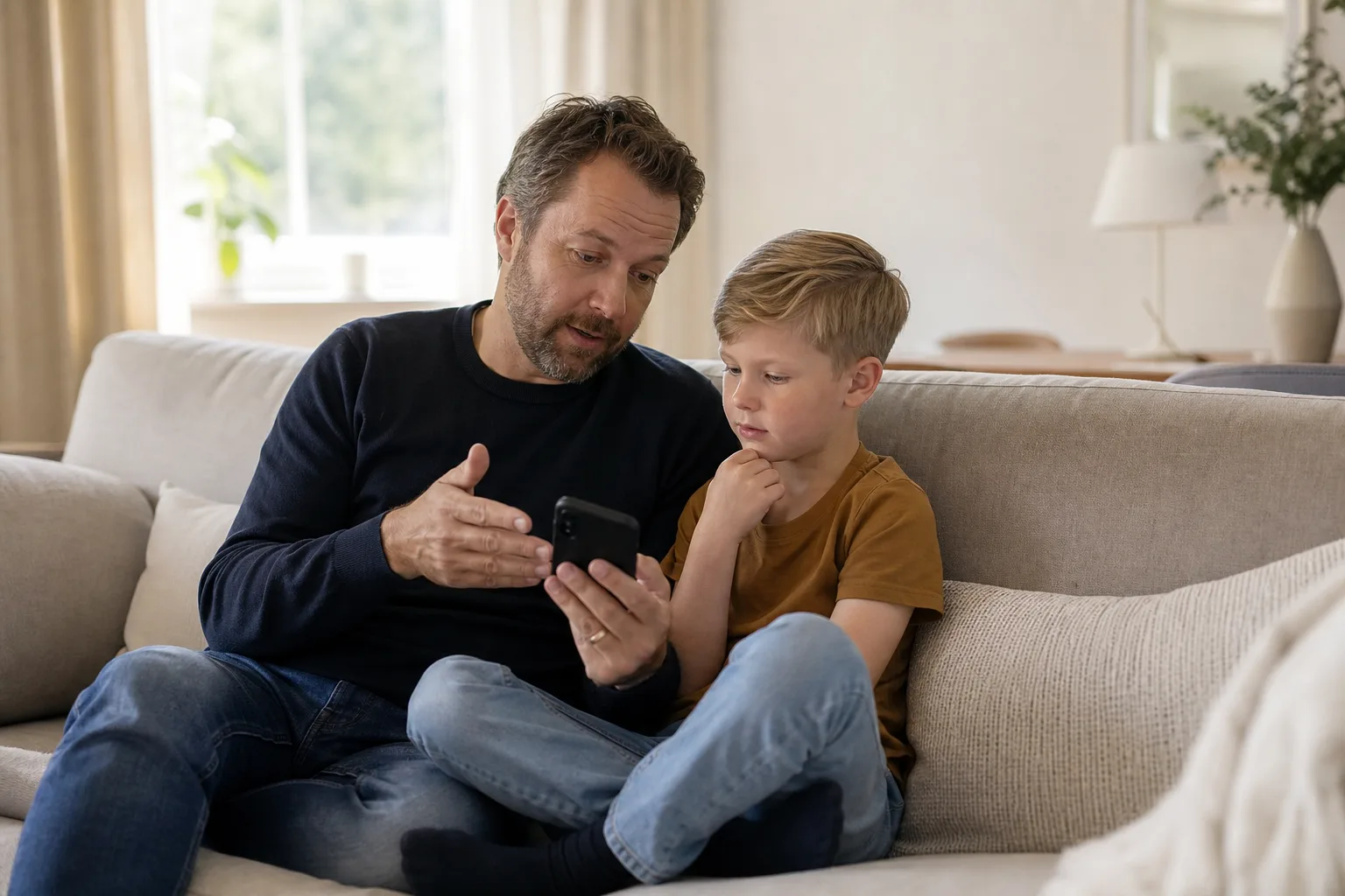 Förälder visar barnet något på mobilen i soffan när de tecknar barnabonnemang