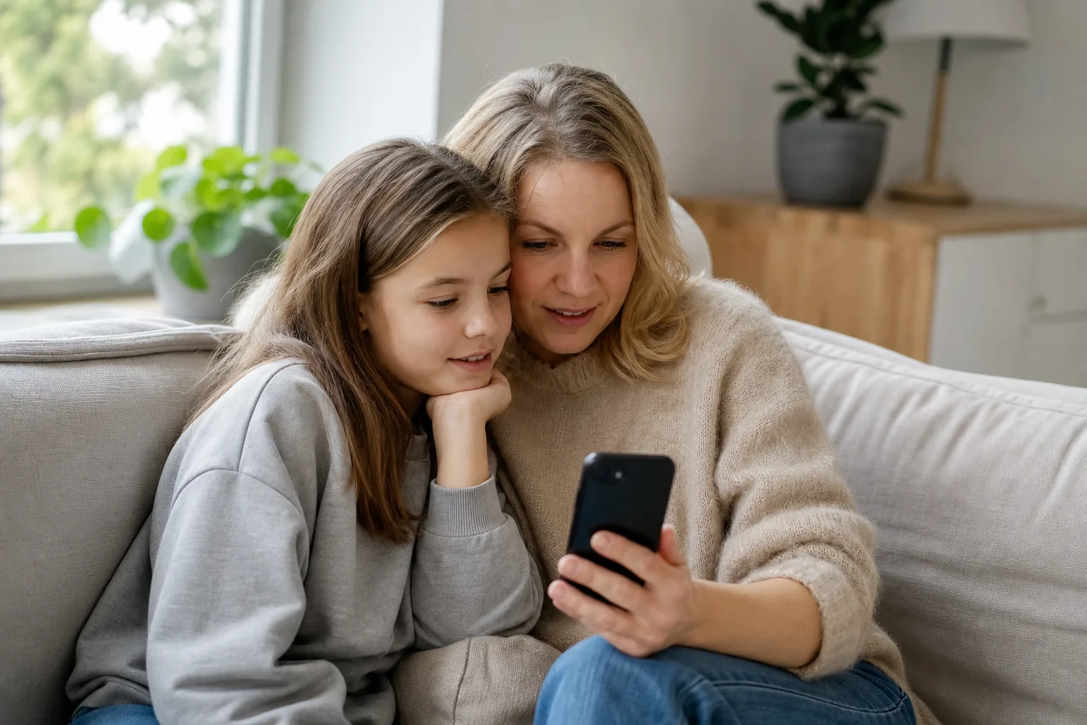 Förälder och barn tittar tillsammans på mobilen när de jämför barnabonnemang