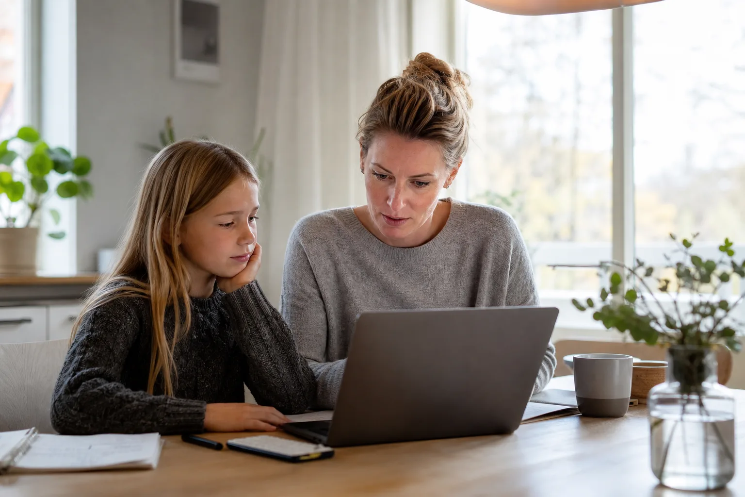 Förälder jämför operatörernas barnabonnemang på laptop medan barnet sitter bredvid