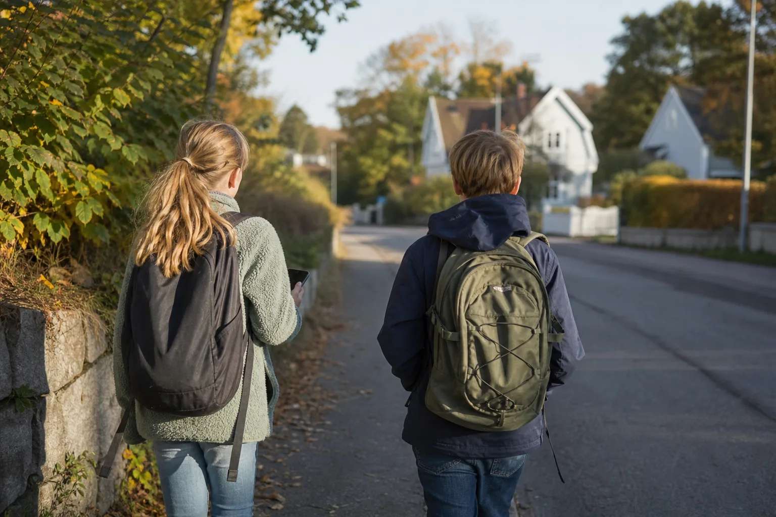 Barn med ryggsäck och mobil i handen på väg hem från skolan