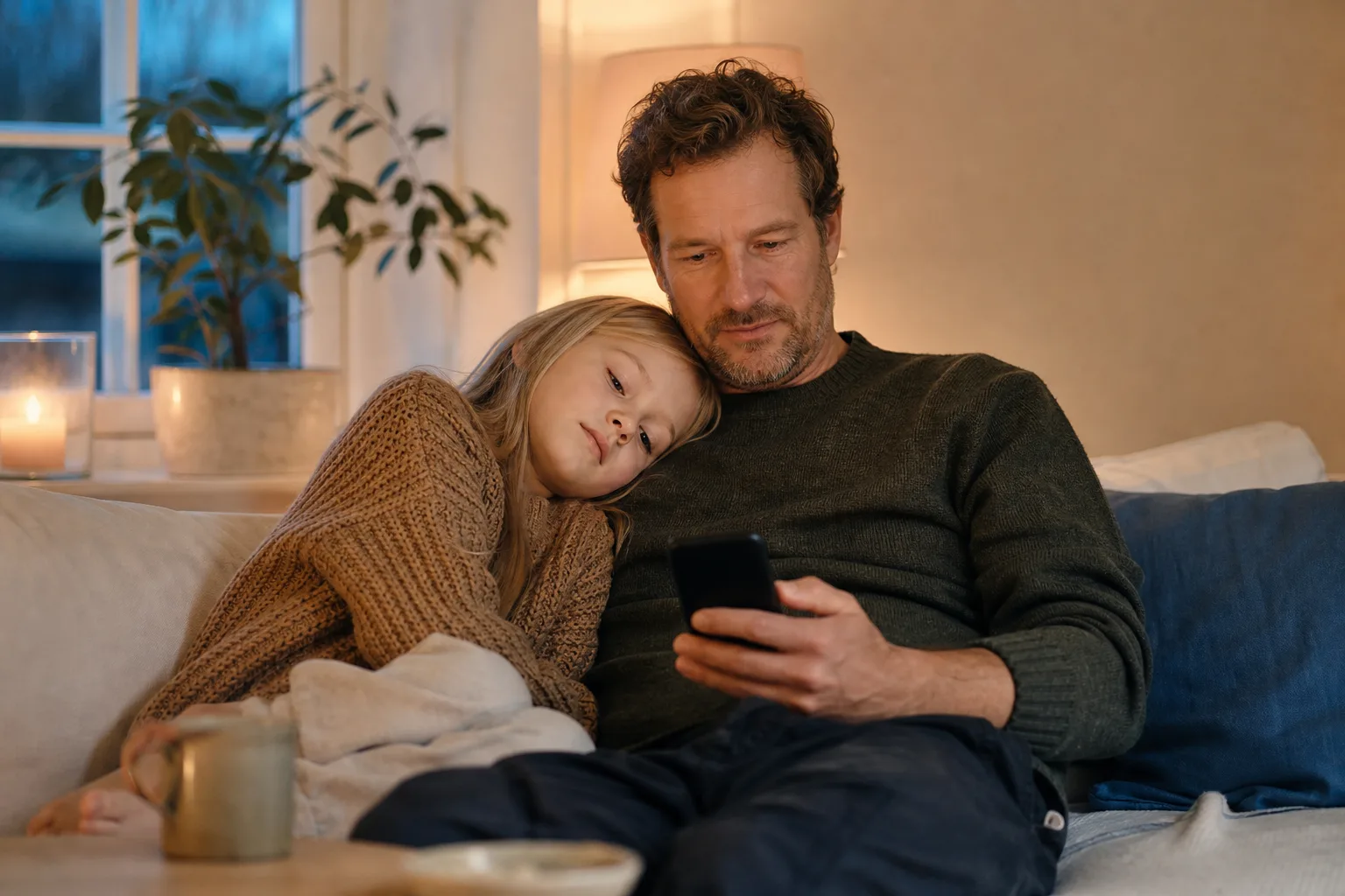 Förälder och barn i soffan hemma, en trygg vardagsbild av mobilabonnemang för barn