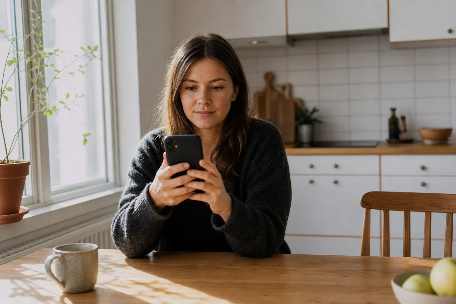 Person aktiverar ett digitalt eSIM i mobilen hemma vid köksbordet