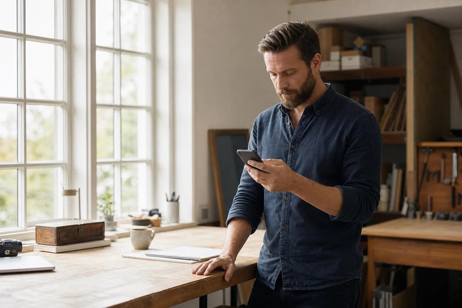 Småföretagare i sin lokal tittar på mobilen för att jämföra mobilabonnemang för företag