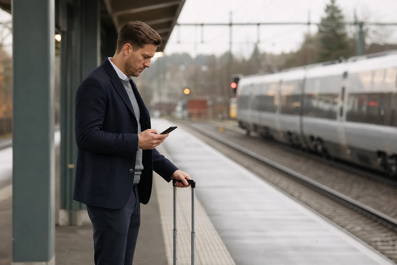 Affärsresenär med resväska och mobil på en tågperrong