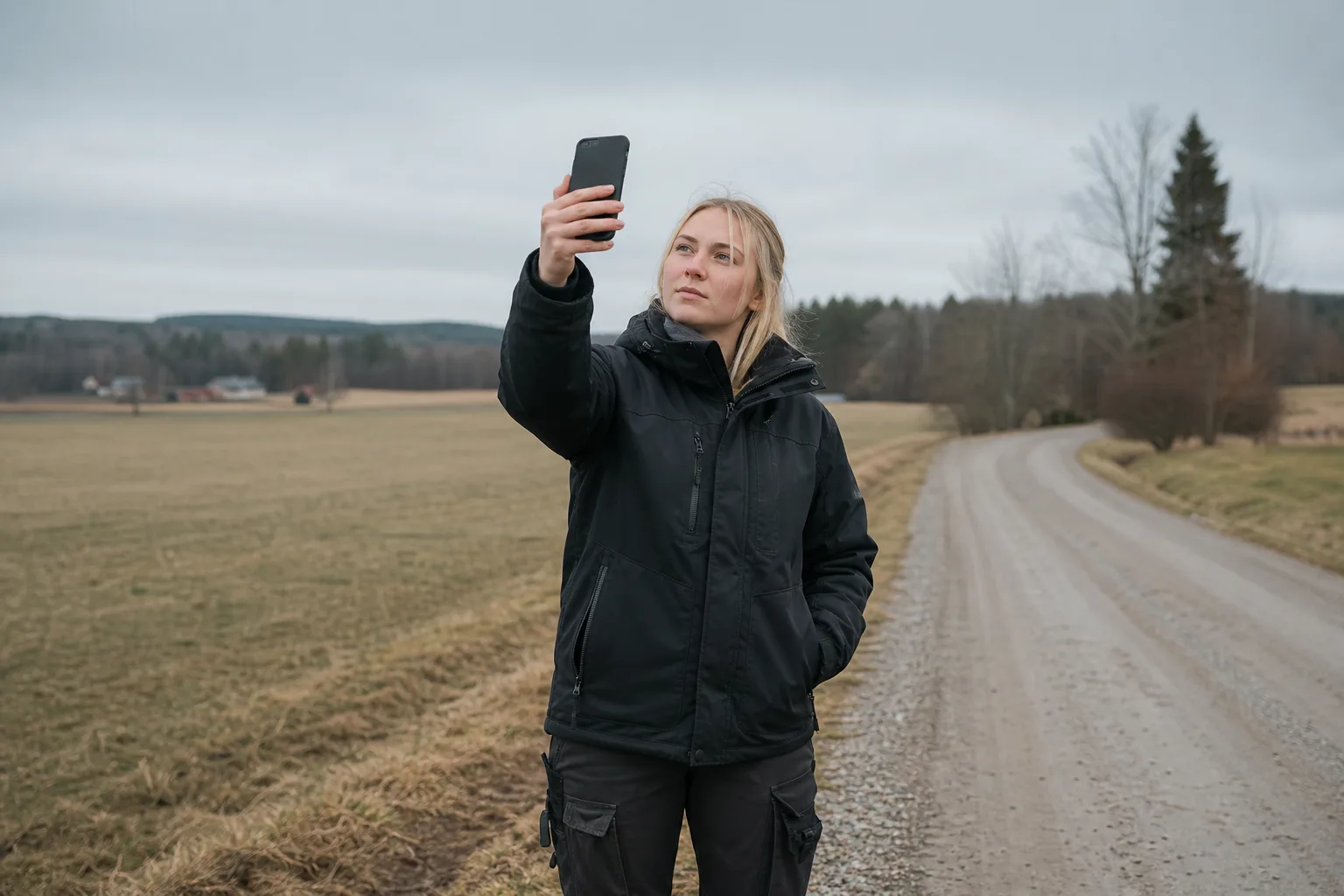 Person i arbetsjacka kontrollerar mobiltäckningen på landsbygden