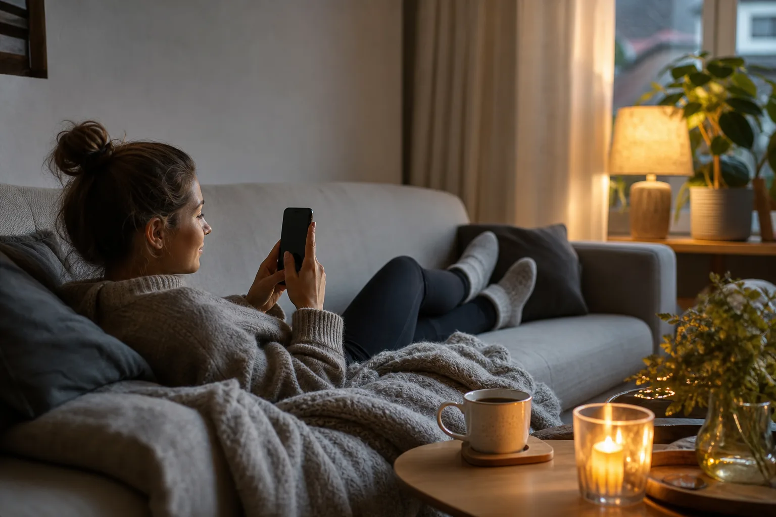 Person surfar avslappnat i mobilen i soffan hemma utan att hålla koll på surfmängden