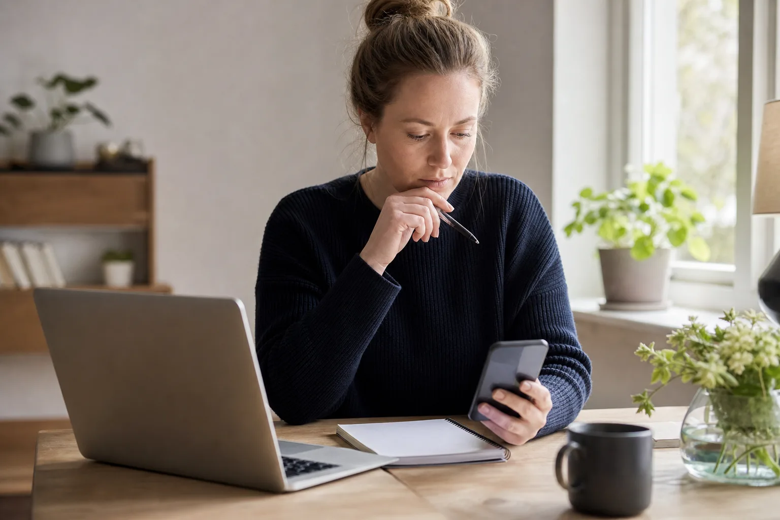 Person jämför mobilabonnemang med fri surf på laptop och mobil vid skrivbordet hemma