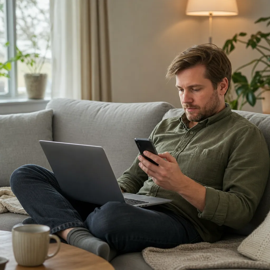 Person jämför billigaste mobilabonnemanget på laptop och mobil i soffan hemma