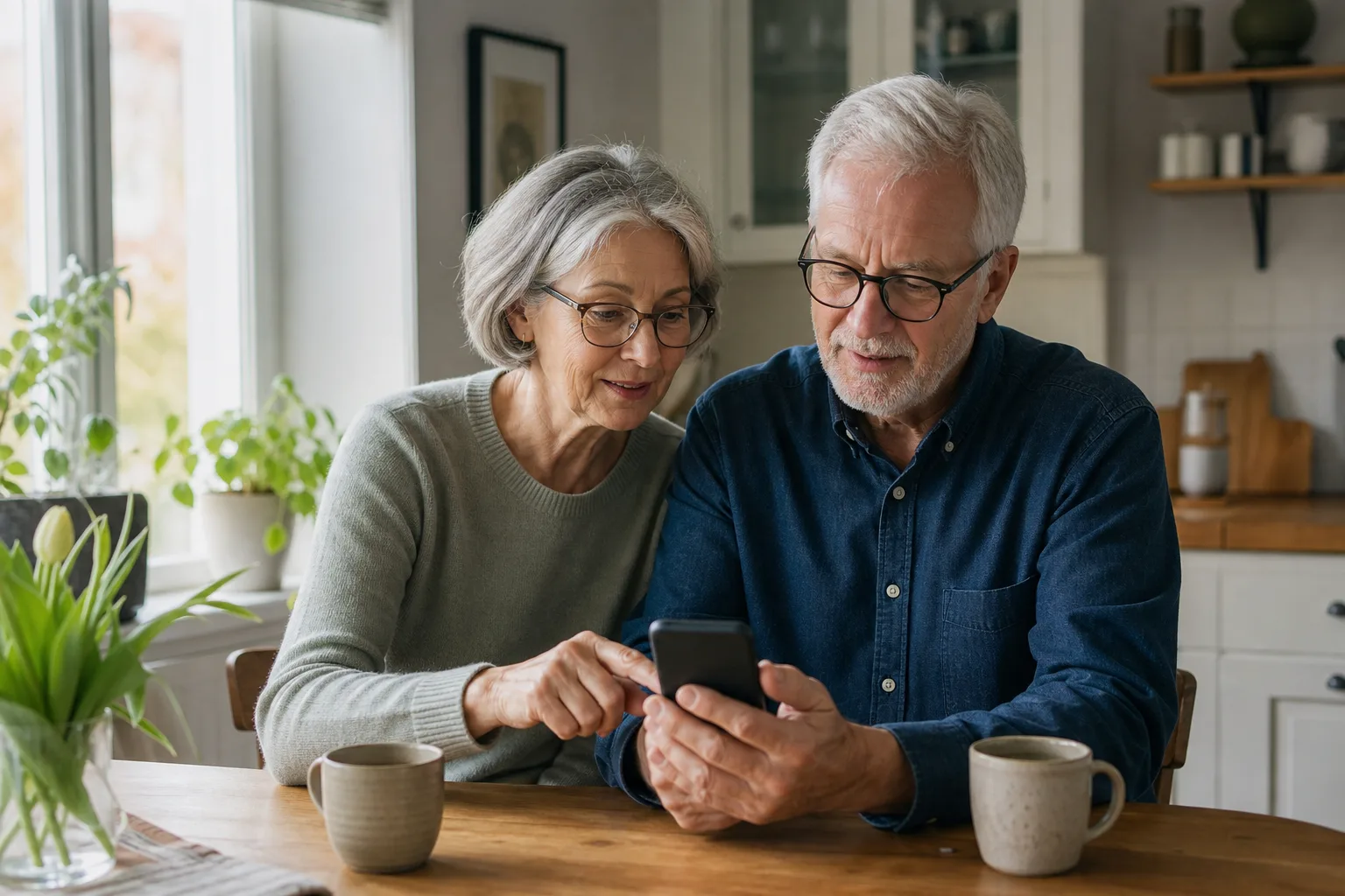 Senior par sitter vid köksbordet och jämför mobilabonnemang för pensionärer