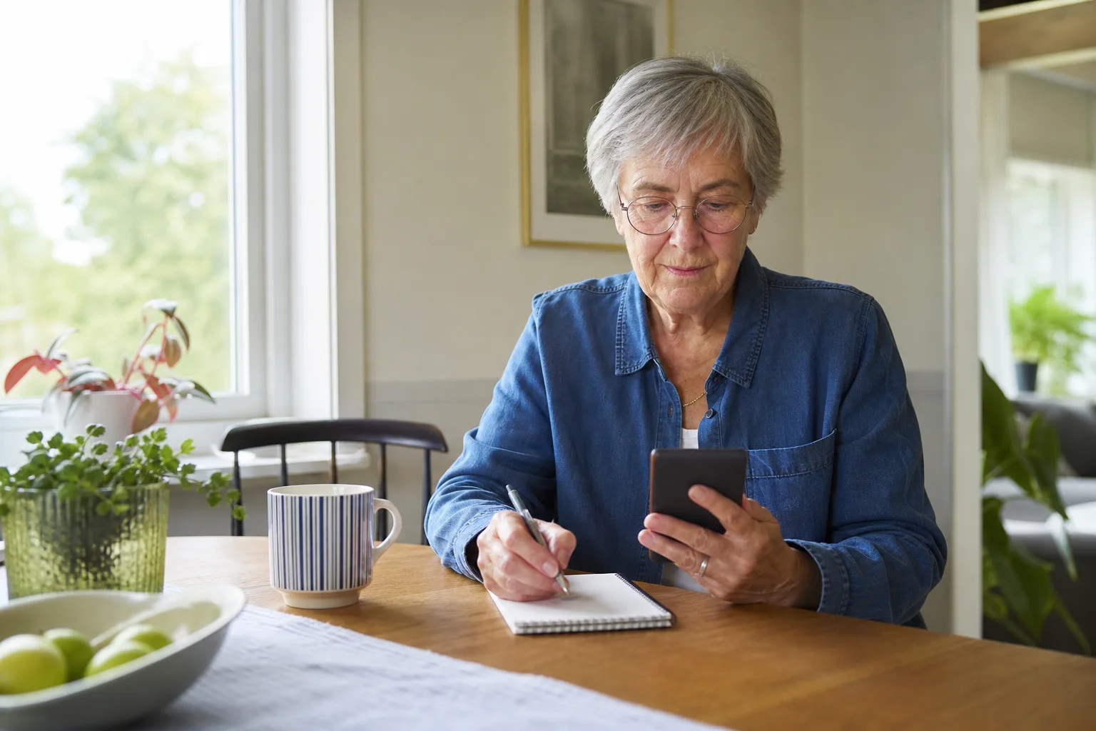 Äldre person jämför priser på mobilabonnemang med mobil och anteckningsblock