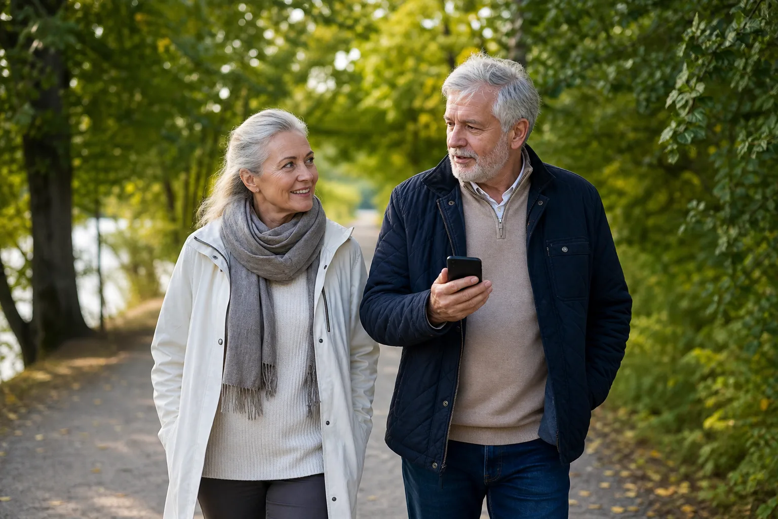 Äldre par på promenad i parken med mobilen i handen