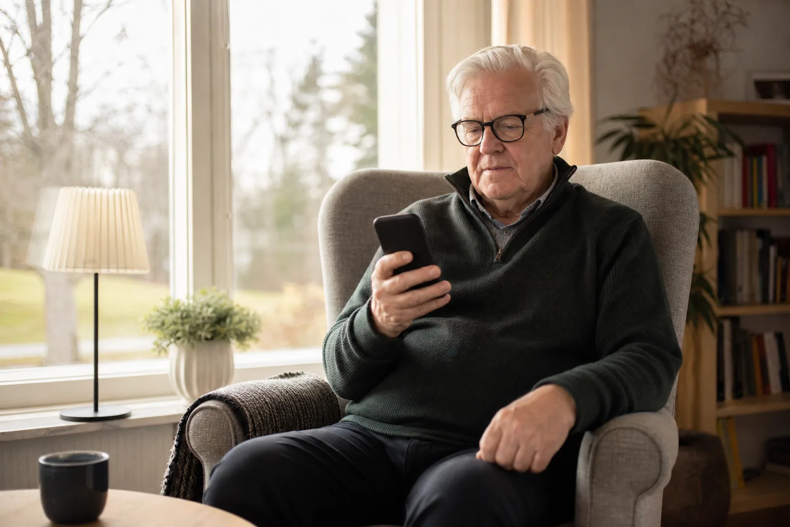 Äldre person läser i mobilen i fåtöljen, ett vanligt surfbehov för pensionärer