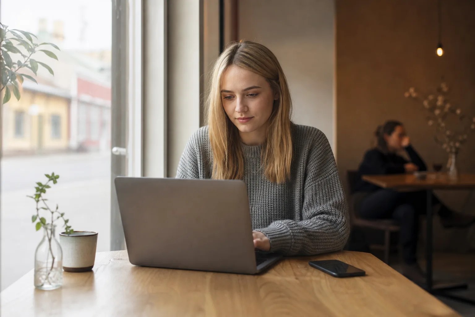 Student på kafé med laptop och mobil kollar studenterbjudanden