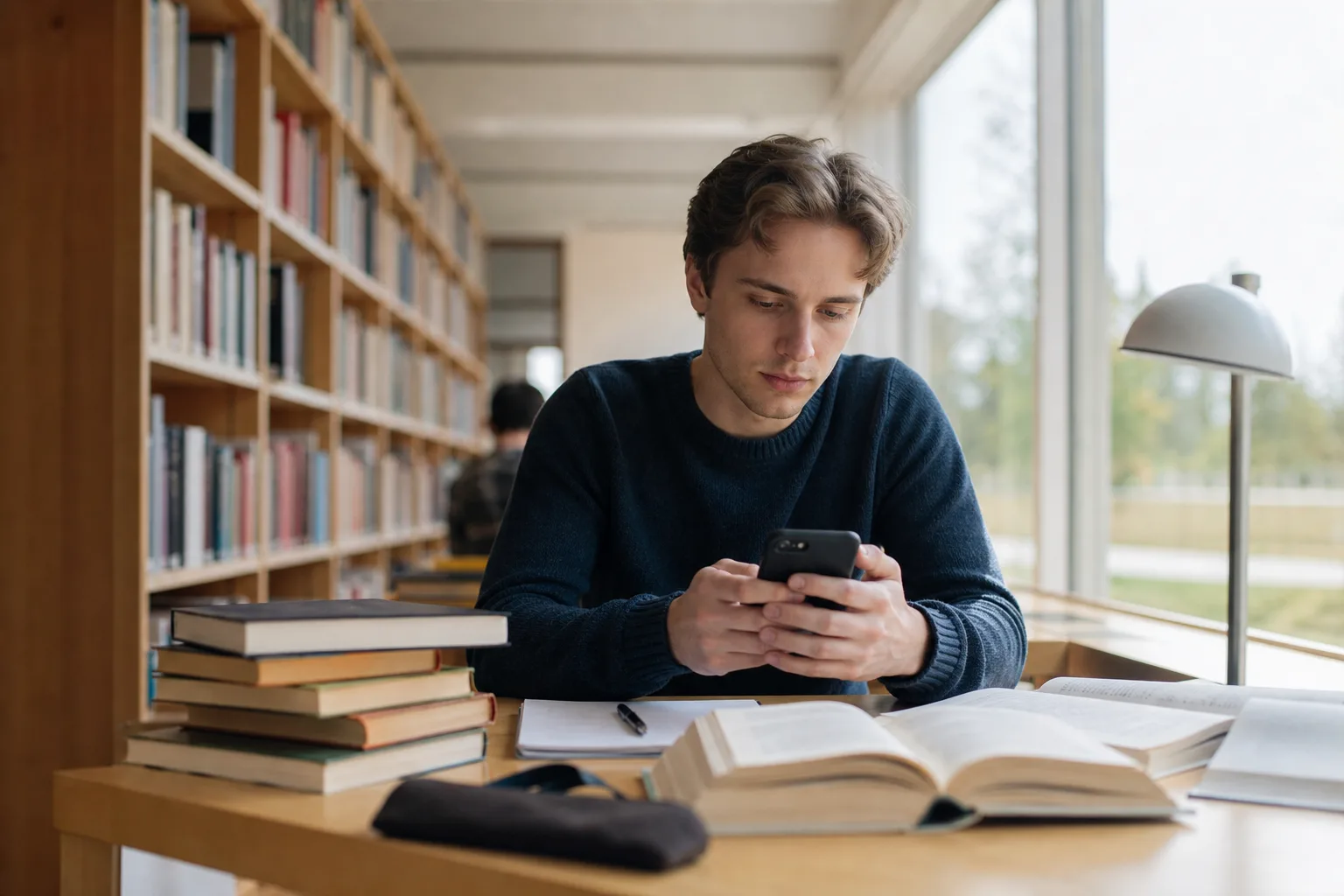 Student i biblioteket tittar på sin mobil