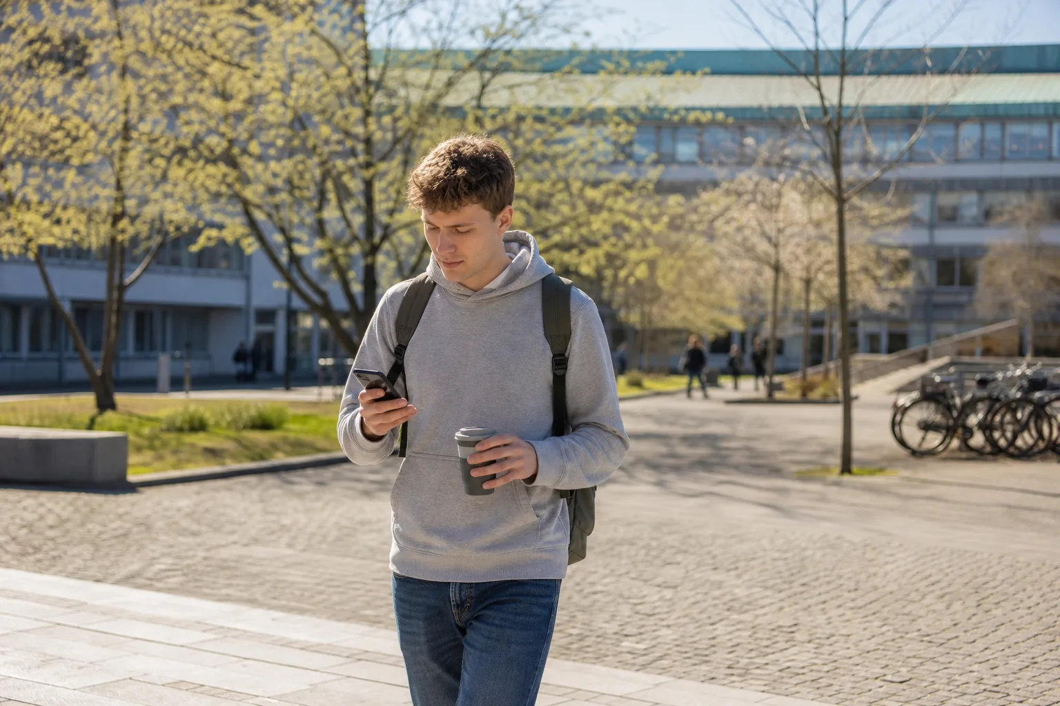 Student med ryggsäck och kaffe går över campus med mobilen i handen