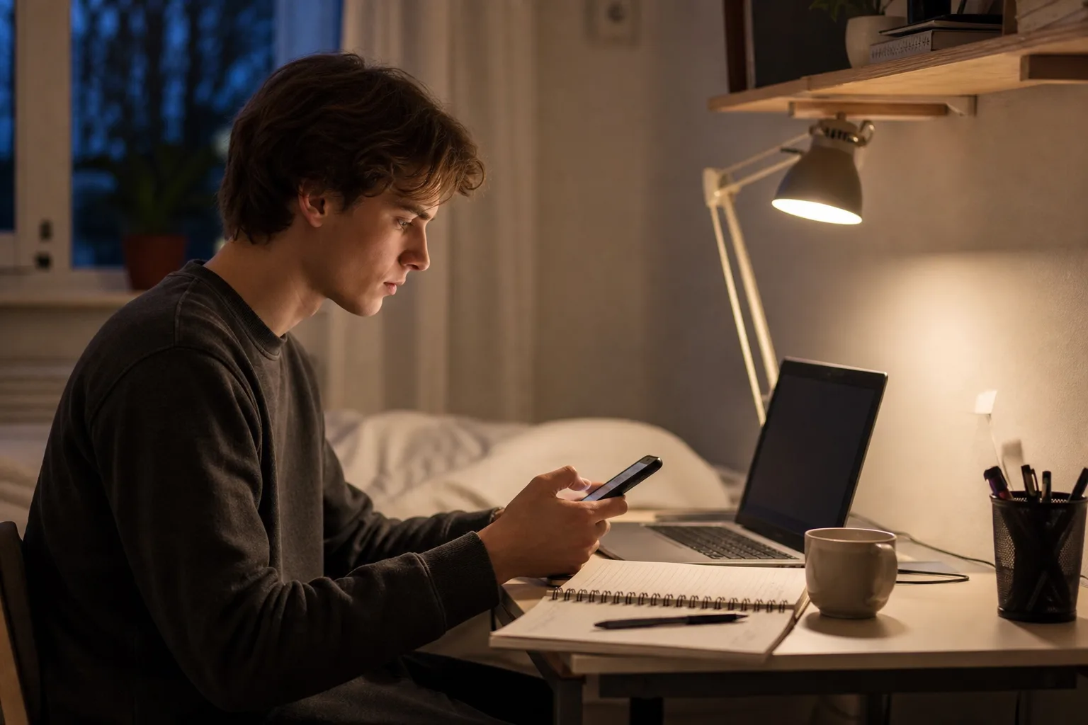 Student jämför mobilabonnemang mellan laptop och mobil vid skrivbordet i studentrummet