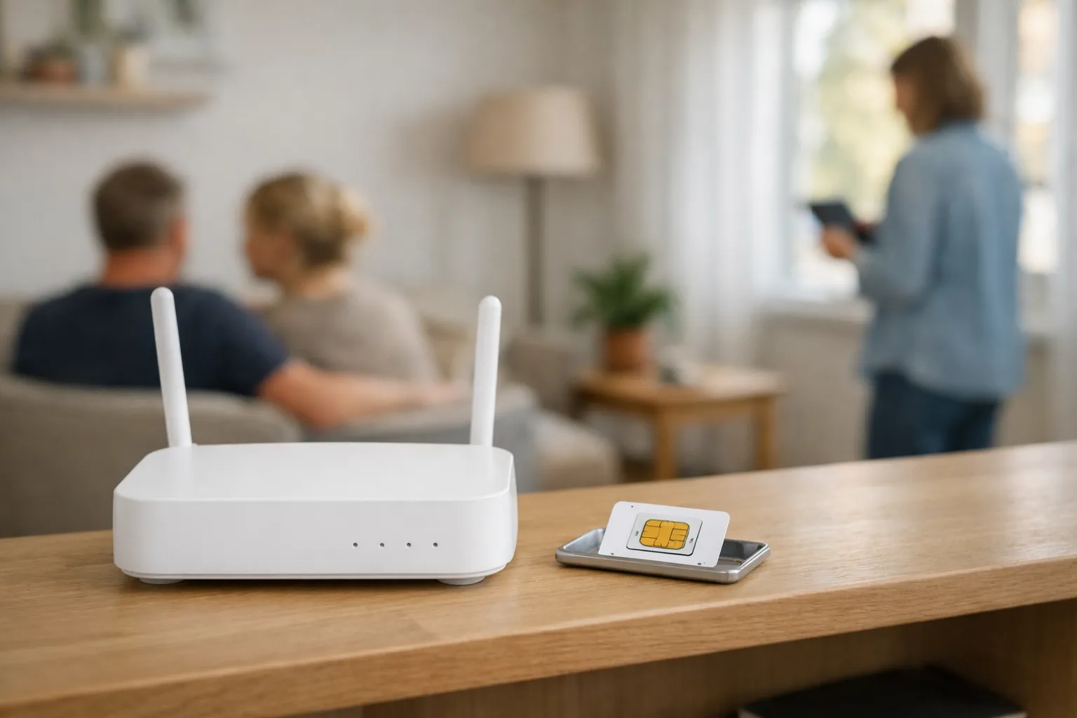 Generisk router och SIM-kort på ett bord i ett vardagsrum