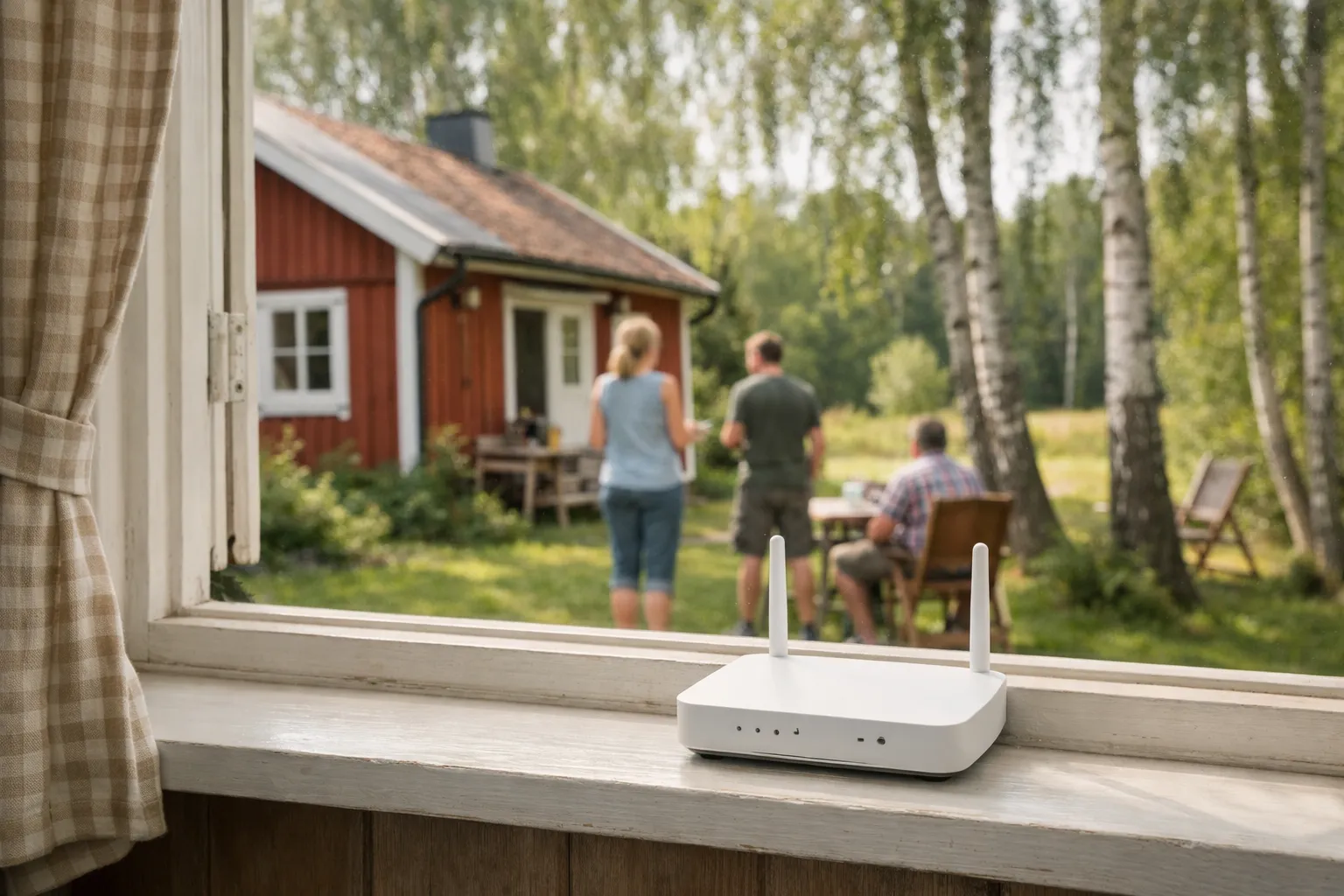 Röd sommarstuga med en router på ett fönsterbräde sedd inifrån