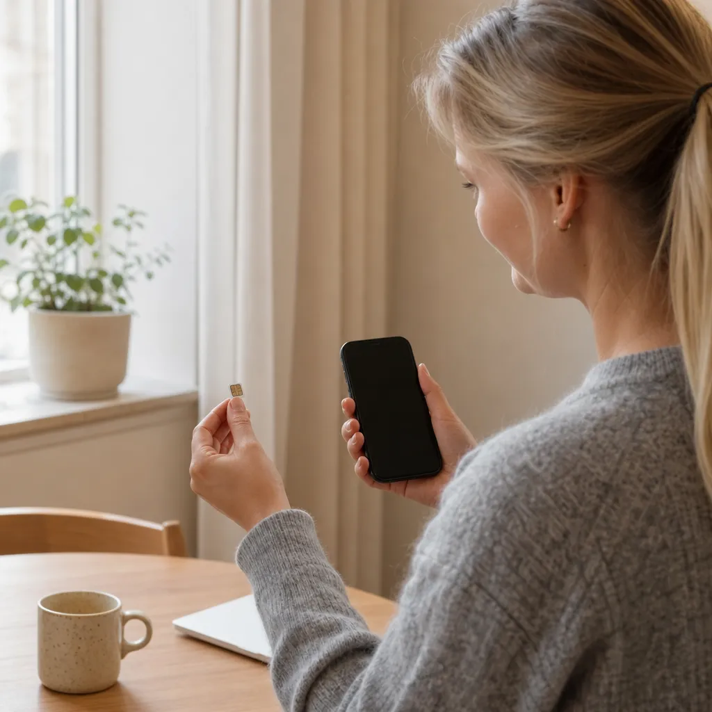 Person håller ett fysiskt SIM-kort i ena handen och en mobil med QR-kod för eSIM i den andra