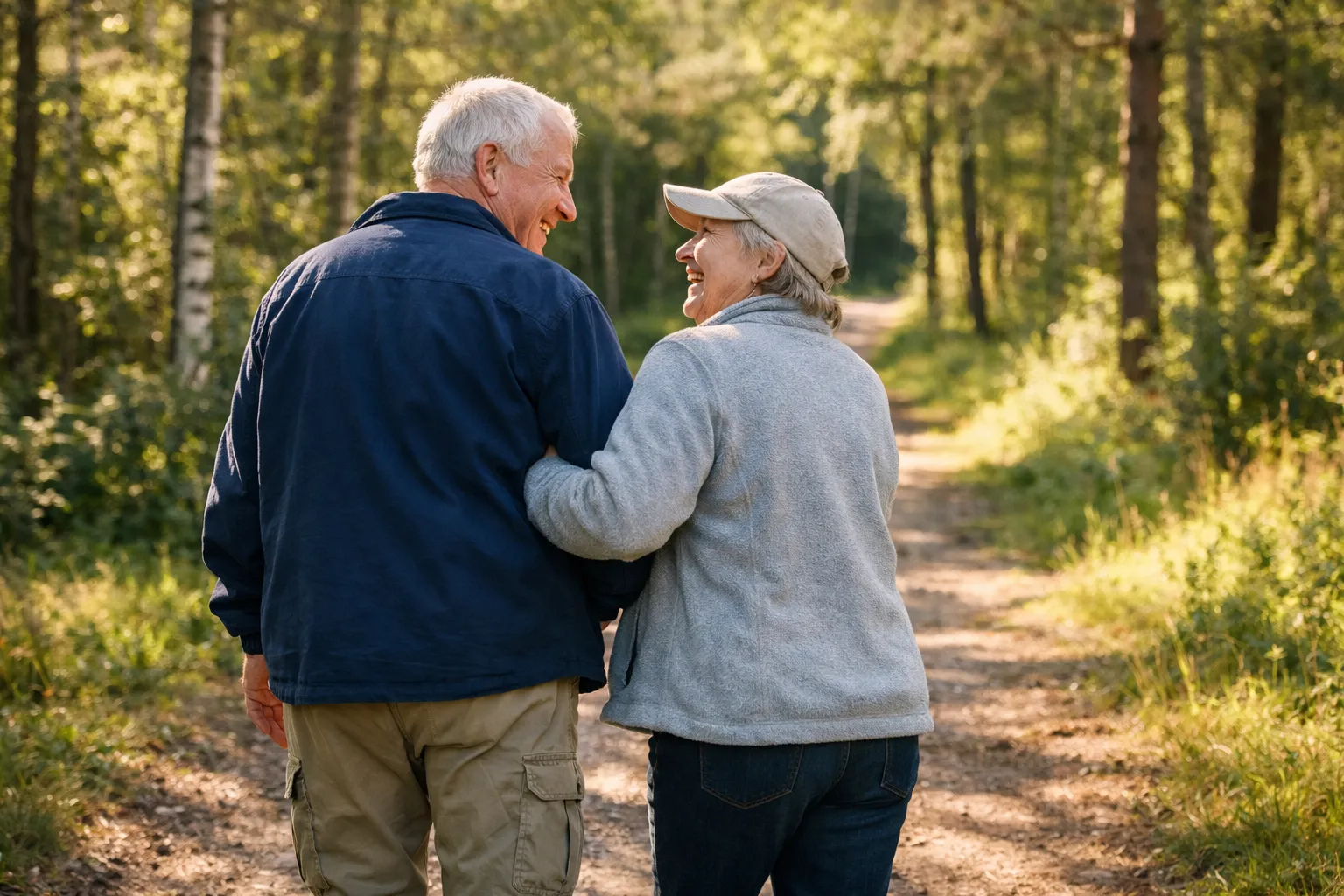 Pensionärspar som skrattar på promenad längs en skogsstig