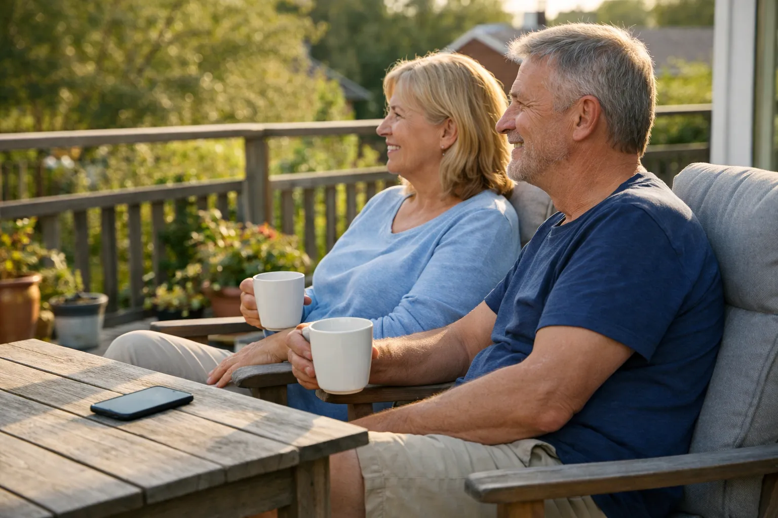 Nöjt pensionärspar som njuter av kaffe på en solig altan