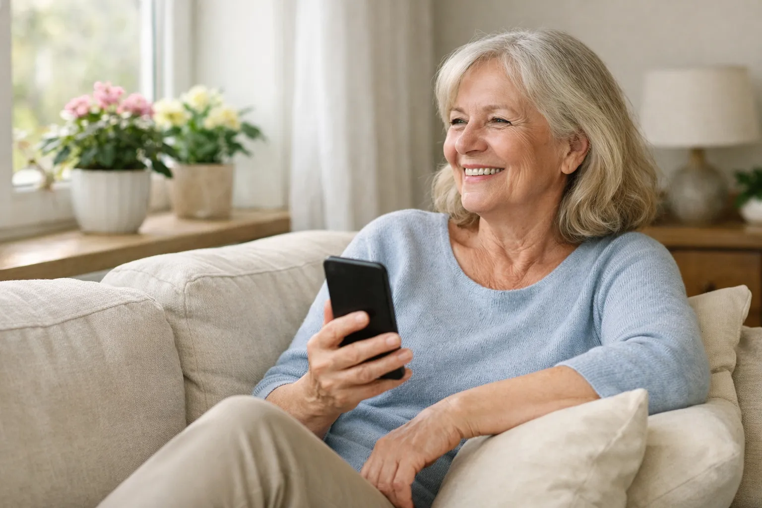 Glad äldre kvinna i soffan med mobilen i handen