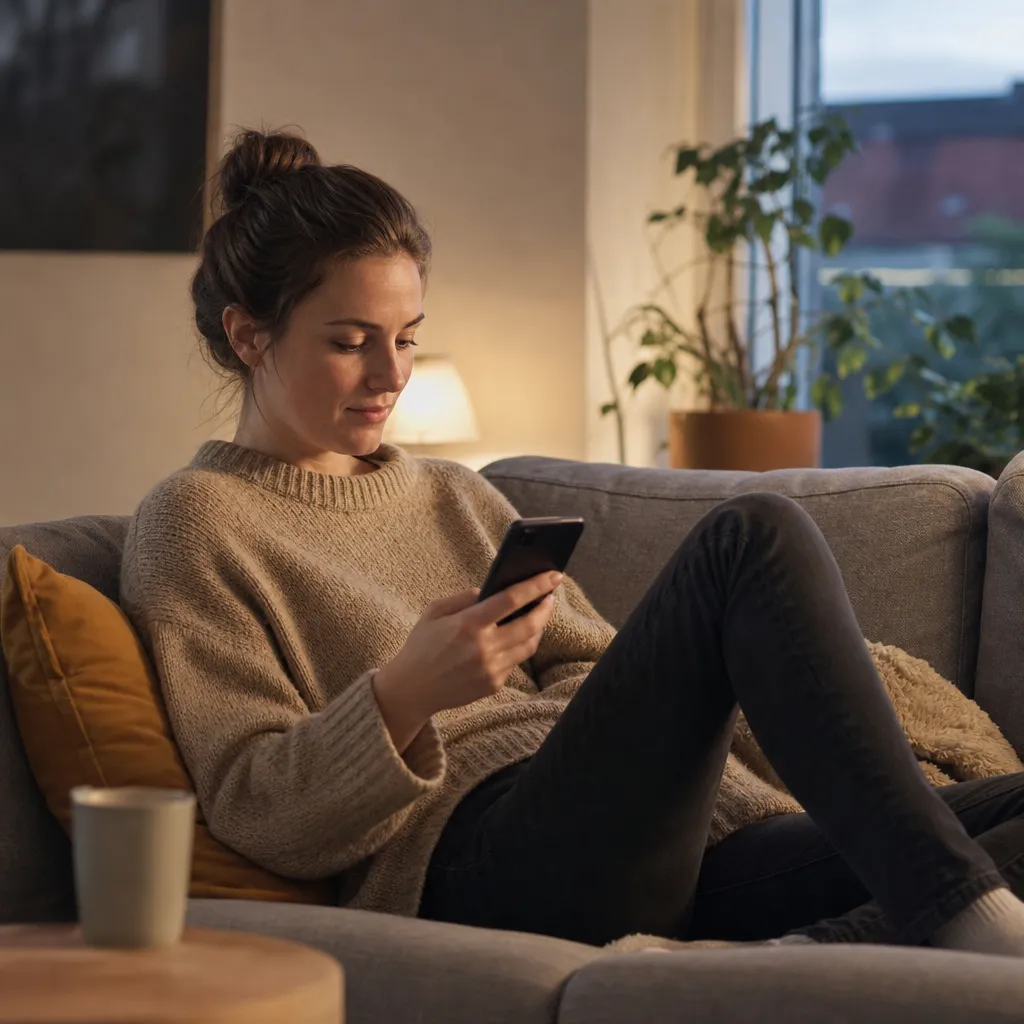 Person tittar på mobilabonnemang-erbjudanden på sin mobiltelefon i soffan hemma