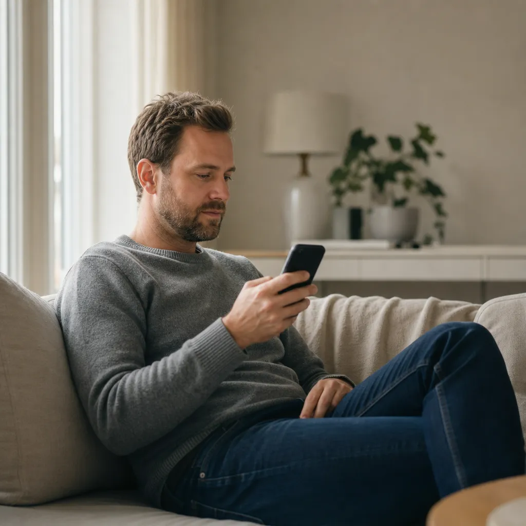 Person kollar surfmängd och sparad surfpott i mobilen hemma i soffan
