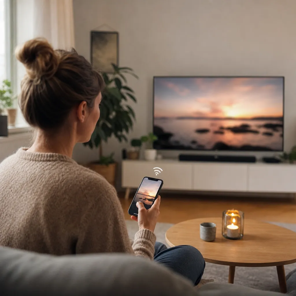 Person som castar en film från mobilen till en TV i vardagsrummet