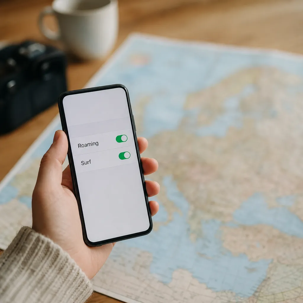 Mobil som visar roaming och surf aktiverat framför en karta över Europa