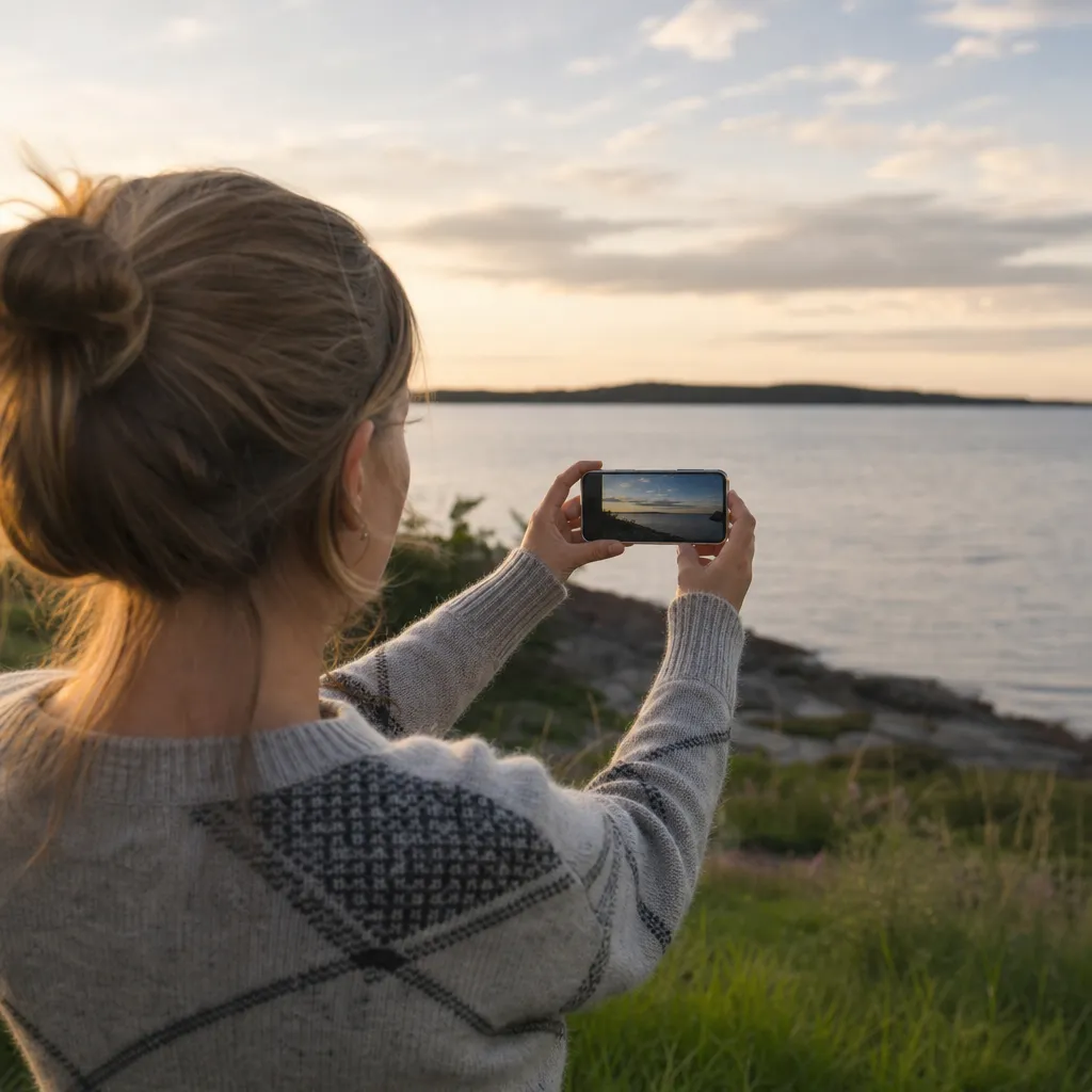 Person tar en bild med mobilen på ett svenskt landskap till SverigeSpejaren