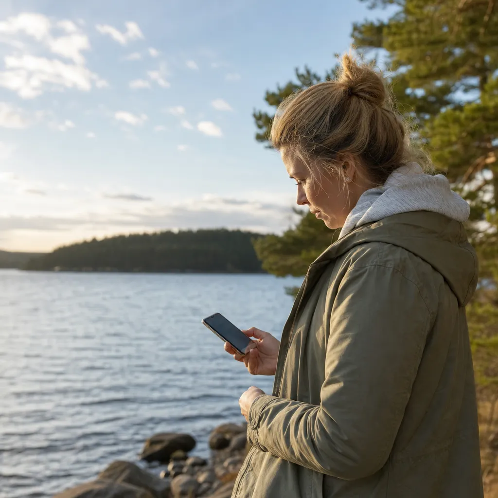 Person jämför täckningskartor för olika mobiloperatörer på en mobiltelefon