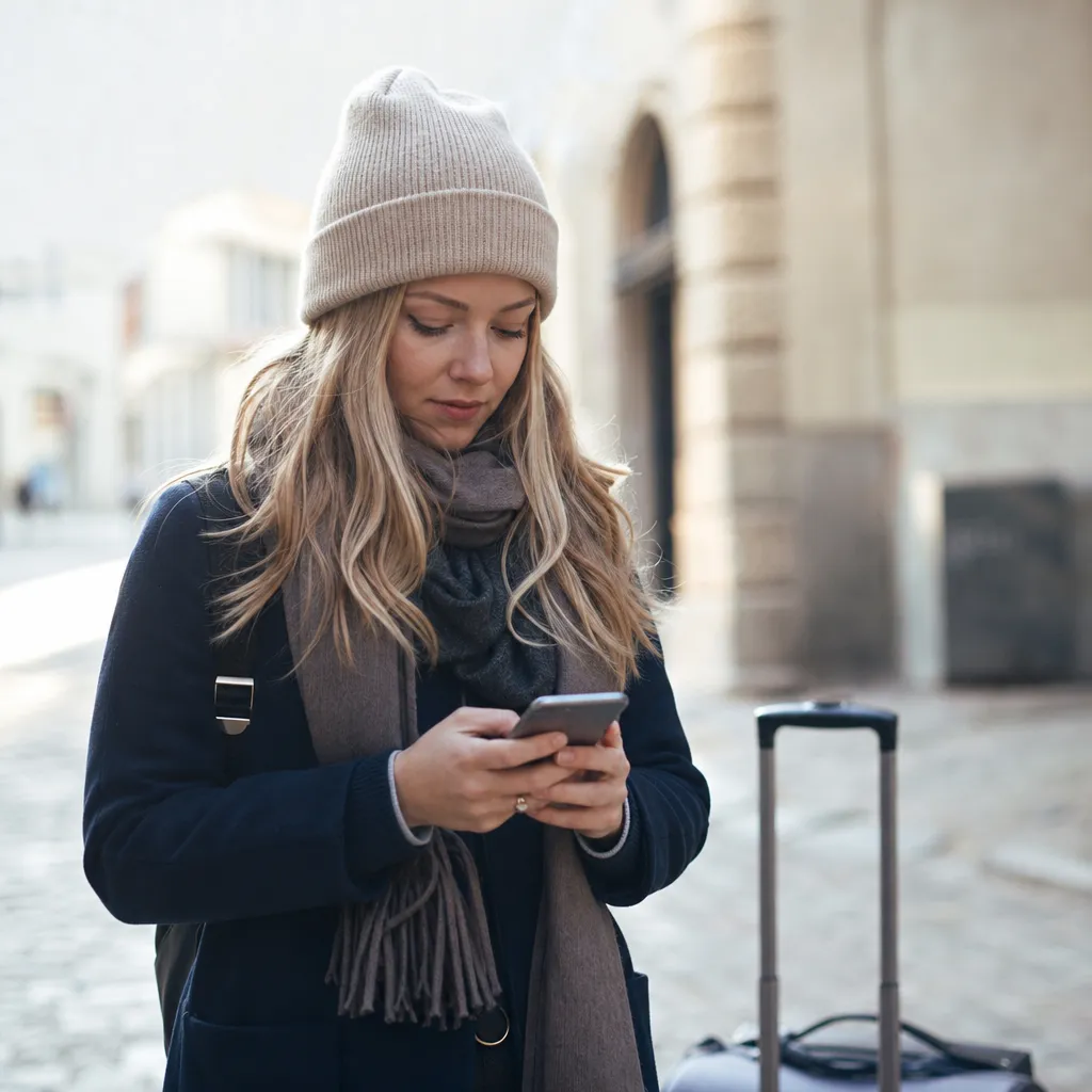 Resenär som håller sin mobiltelefon utomlands vid en tågstation med resväska i bakgrunden